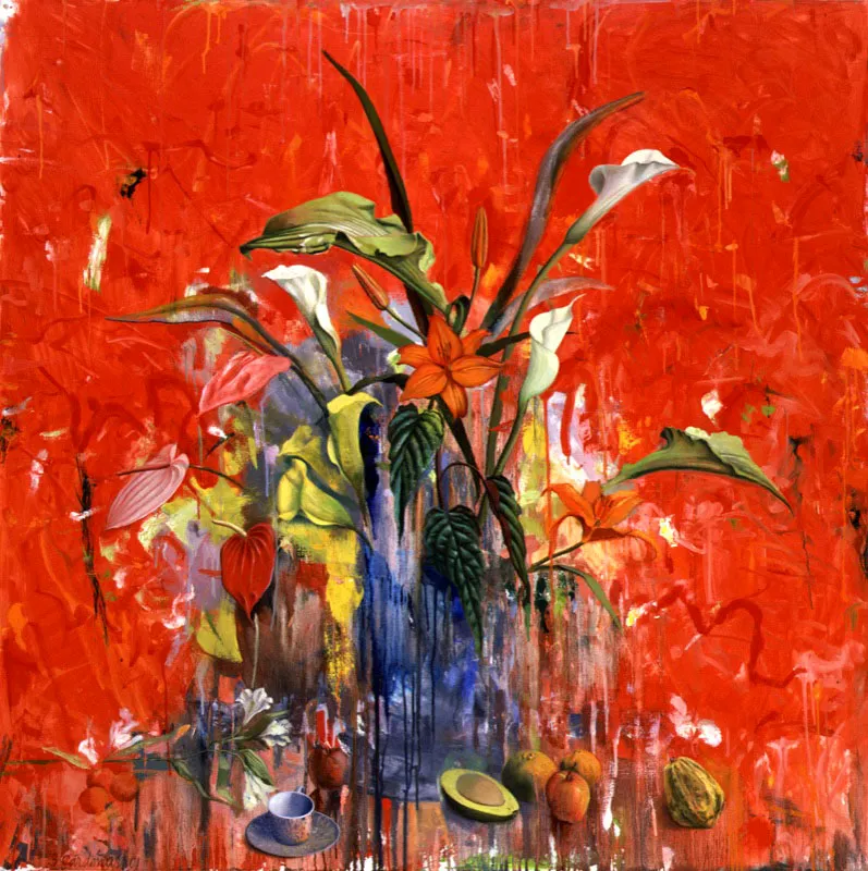 Bodegón rojo con aguacate.
2001.
Óleo sobre lienzo.
130 x 130 cm.