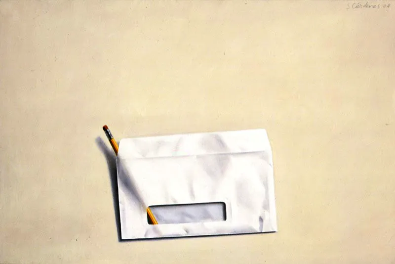 Sobre con lápiz amarillo.
2004.
Lino sobre panel.
40 x 60 cm.