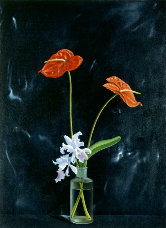 Dos anturios rojos y orquídeas.
2003.
Óleo sobre lienzo.
76 x 56 cm.
