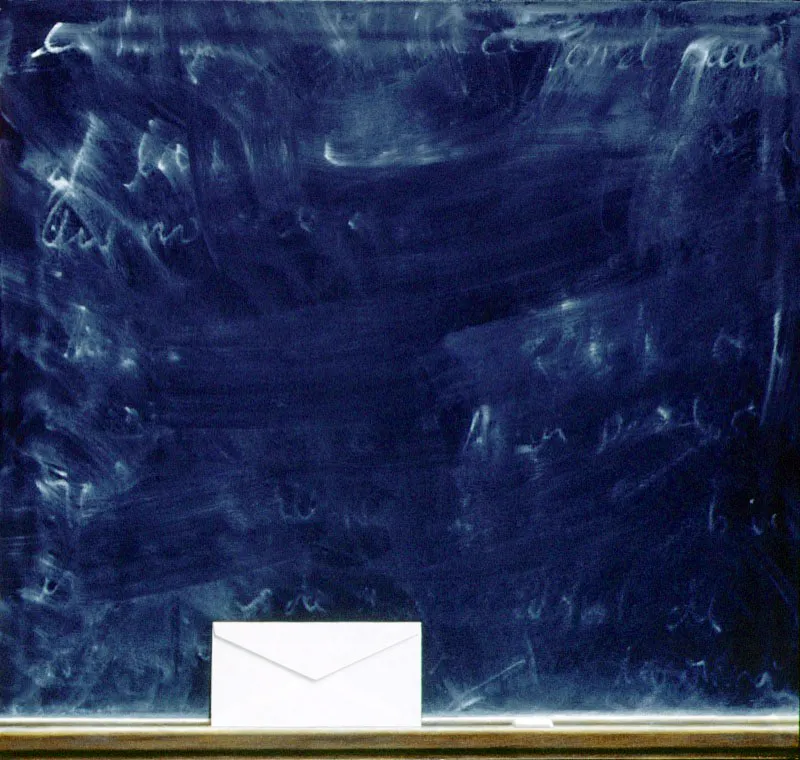 Pizarra con sobre y tiza.
1975.
Óleo sobre lienzo.
86,3 x 91,2 cm.