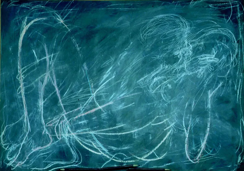 Dibujo con dos figuras.
1985.
Óleo, pastel y lápices de colores sobre papel.
70 x 100 cm.
