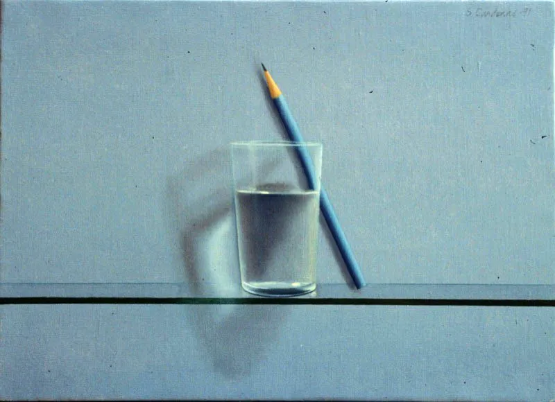Vaso con lápiz.
1991.
Óleo sobre lino.
29,5 x 40,5 cm.