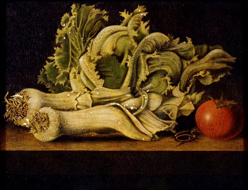 Puerros y tomate / ca. 1991 / Óleo sobre lienzo / 33 x 43 cm