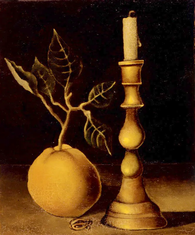 Fruta y candelero / Óleo sobre lienzo / 32 x 25 cm