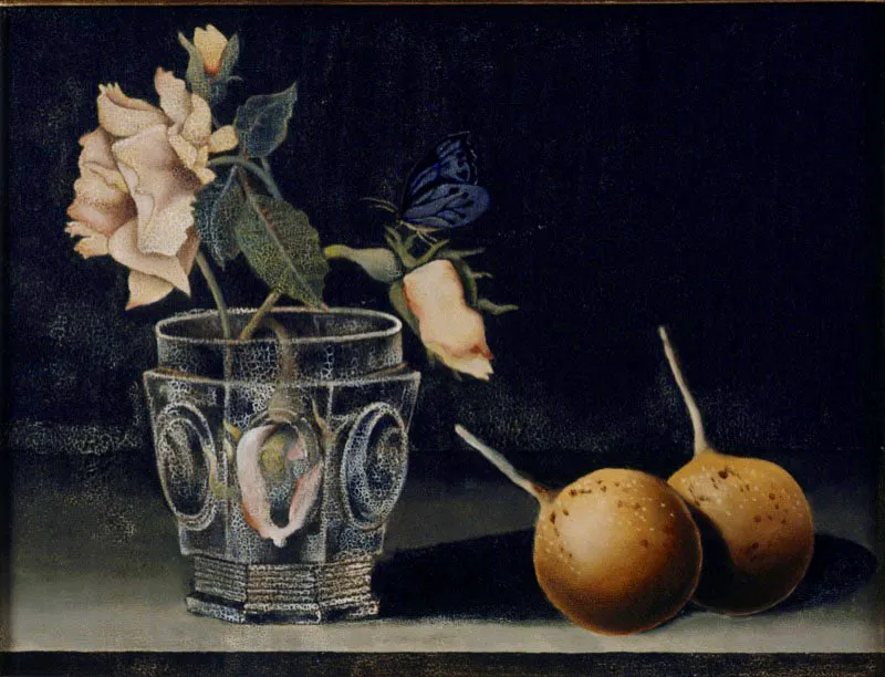 Rosas y granadillas / ca. 1991 / Óleo sobre lienzo / 32 x 42 cm
