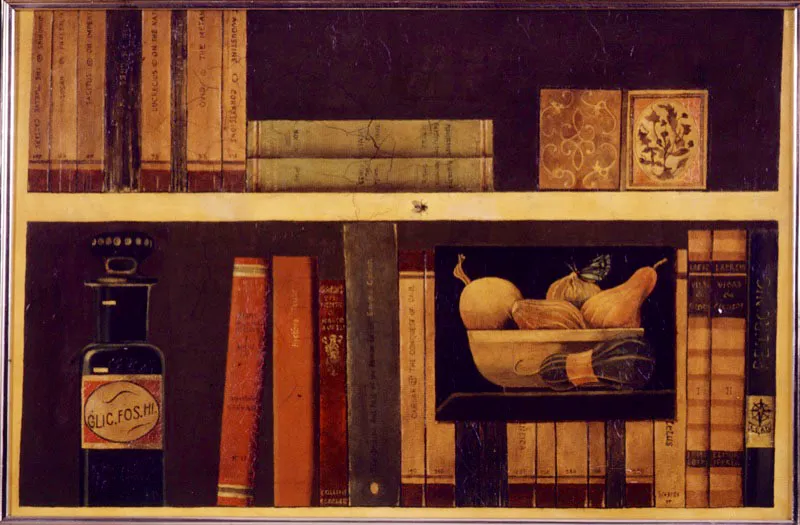 Biblioteca con frasco / leo sobre lienzo / 36 x 55 cm  