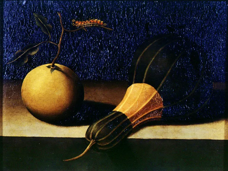 Naranja y calabacín / Óleo sobre madera / 33 x 44 cm