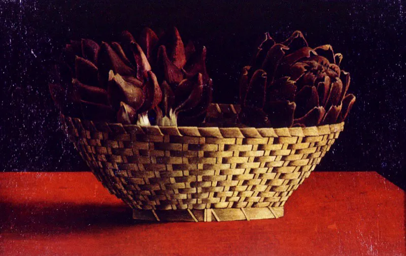 Cesta con alcachofas / 1974 / Óleo sobre lienzo / 37 x 42 cm