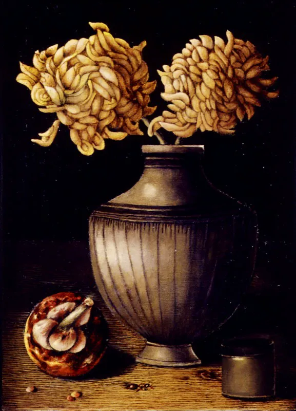 Vaso con dalias y mangostino / leo sobre lienzo / 43 x 33 cm  