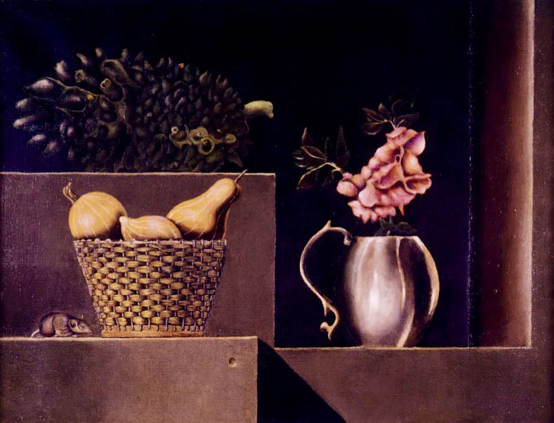 Cesta con calabacines y jarro con flor / leo sobre lienzo / 49 x 64 cm  