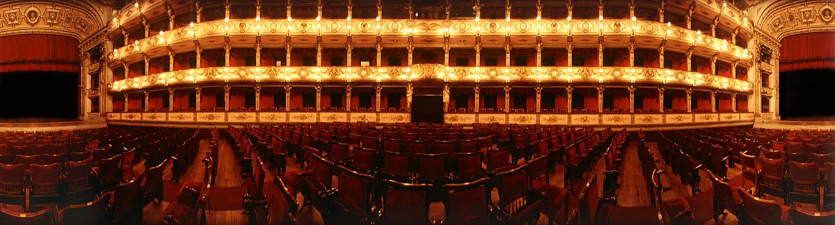 La gran sala del teatro consta de una platea, un balcón general y tres niveles de palcos. La entrada a la platea está enmarcada por dos cariátides, obra de Sighinolfi y Ramelli, que sostienen el palco presidencial. Cristóbal von Rothkirch