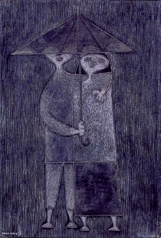 Nios en la lluvia / 1958 / Tizas y resinas sobre papel / 54 x 37 cm / Segundo premio en dibujo en el xi Saln de Artistas Colombianos 