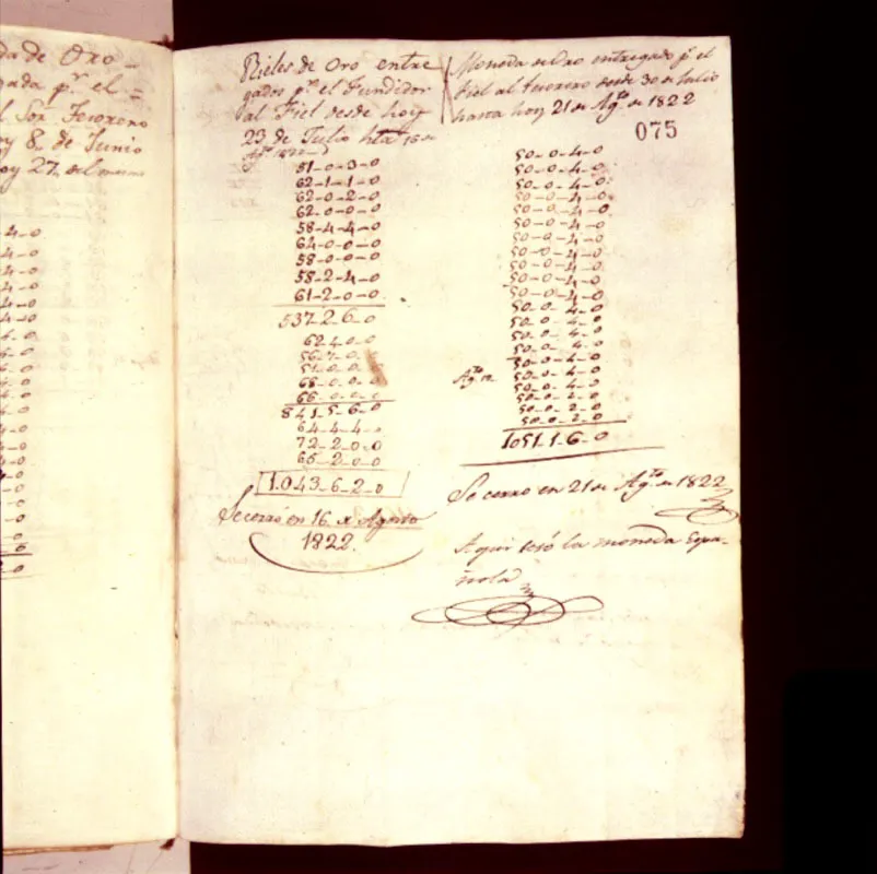 Documento en el que se consigna la entrega de moneda de oro al tesorero el 21 de agosto de 1822.