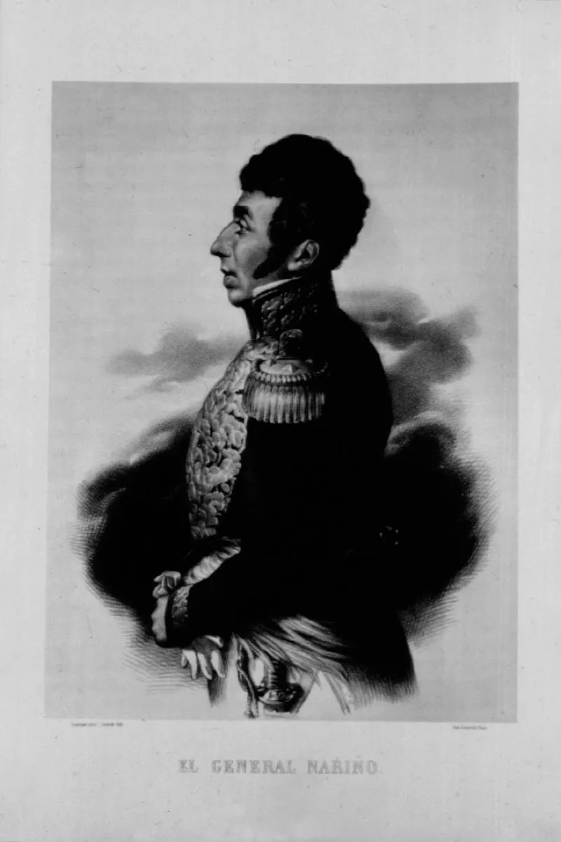 Antonio Nariño, litografía de Lemercier, según grabado de José María Espinosa, impresa en París por Lisveille. Nariño, para sostener su ejército, mando acuñar en 1813 una moneda conocida como la india.