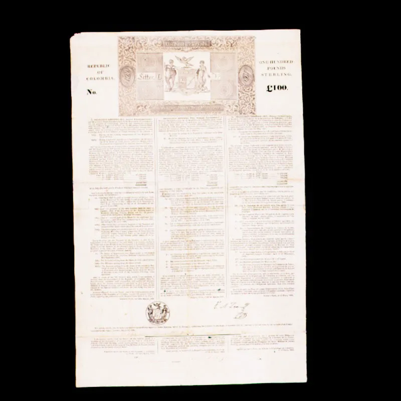 Bono Zea de endeudamiento por 100 libras esterlinas, Pars, 13 de marzo de 1822. La nueva Repblica comision a Francisco Antonio Zea para conseguir emprstitos que reactivaran la economa del pas, arruinado tras la guerra de Independencia. 