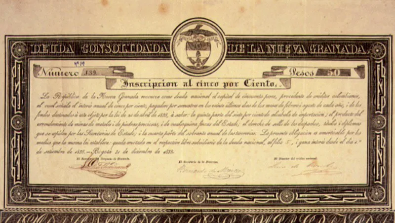 Deuda de la Gran Colombia a Guillermo Robinson, firmada por José María del Castillo, 1824. Colombia asumió deudas para reconstruir su economía, postrada por el esfuerzo de la guerra de independencia de Venezuela y el sur de América.