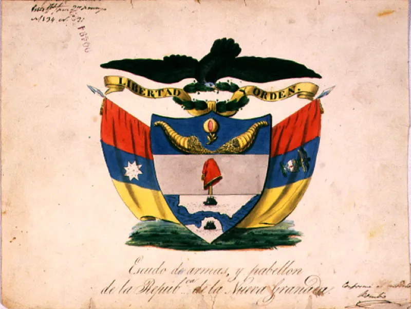 Dibujo original del Escudo de Armas y Pabelln de la Repblica de la Nueva Granada, en oficio de Lino de Pombo al Secretario del Despacho de Guerra y Marina, mayo 1834. De Pombo, como Secretario de Relaciones Exteriores de la Nueva Granada, firm un acuerdo con Venezuela y Ecuador para el pago de la deuda externa.  