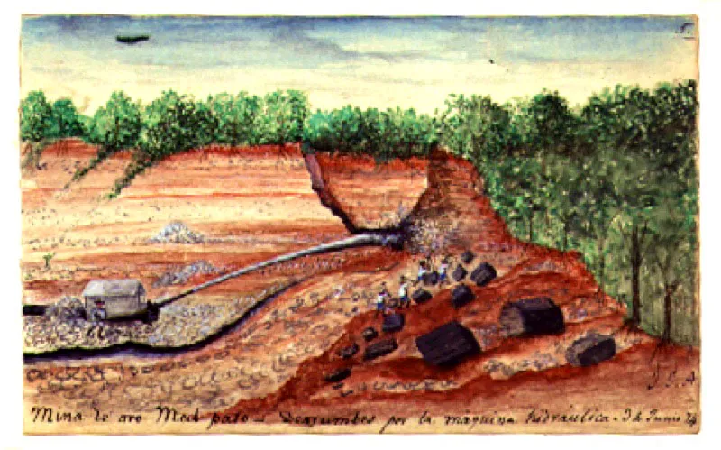 Mina de Oro, acuarela de Jos Mara Gutierrez de Alba, 1874. En la dcada de 1870, Colombia, pas productor de oro, fue escenario de un lucrativo intercambio de monedas de oro por plata en el mercado internacional.  