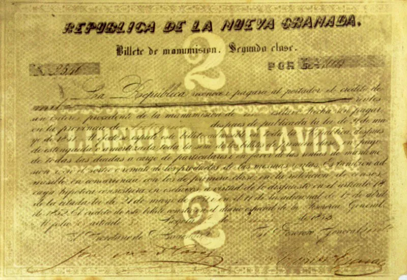 Billetes de manumisión de esclavos. La ley de 21 de mayo de 1851, que decretó la libertad de los esclavos a partir del 1 de enero de 1852, indemnizó a los amos con estos bonos.