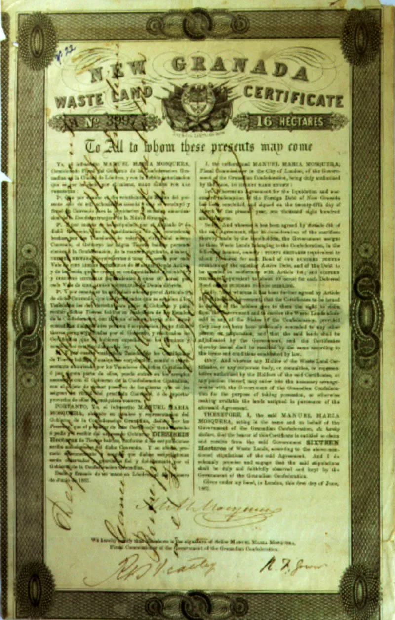 Certificado de Tierras Baldías, por 16 hectáreas, a favor de Manuel María Mosquera, 1863.