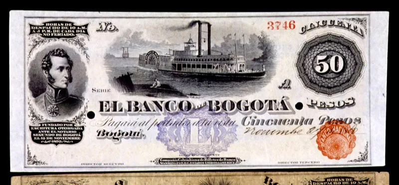 Billetes de 50 pesos del Banco de Bogotá. La ley de libertad de emisión de 1865 permitió la creación de esta institución privada en 1870 y dio solidez a la circulación del billete de banco privado.