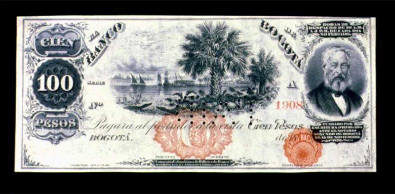 Billete de 100 pesos (anverso y reverso) del Banco de Bogotá. La ley de libertad de emisión de 1865 permitió la creación de esta institución privada en 1870 y dio solidez a la circulación del billete de banco privado.