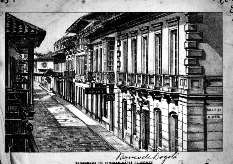 Primera sede del Banco de Bogotá, grabado de R. Moros Urbina, Papel Periódico Ilustrado, 1884. Fundado en 1870, su éxito inicial se debió, en parte, al apoyo de los gobiernos radicales. En 1888 concentró más del 80 por ciento de la existencia de metálico de los Bancos de Bogotá y más de la mitad de todo el país.
