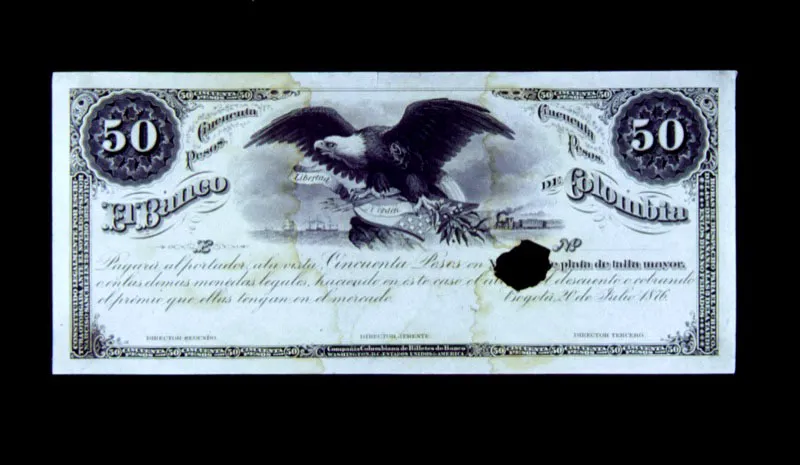 Billete de 50 pesos del Banco de Colombia. Esta entidad fue fundada en 1875, con un capital de 181.400 pesos.