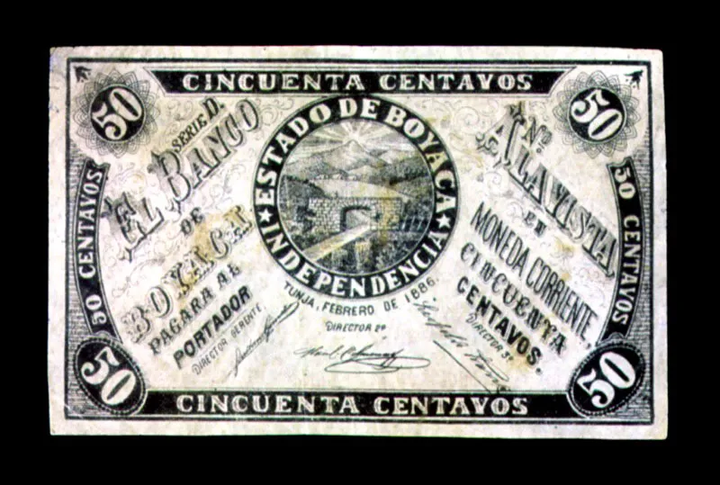 Billete de bancos privados: Banco de Boyacá. Pese a la notoria expansión de sus operaciones, los bancos privados padecieron crisis de credibilidad motivadas algunas veces por la inestabilidad política y otras por los ciclos de las exportaciones.
