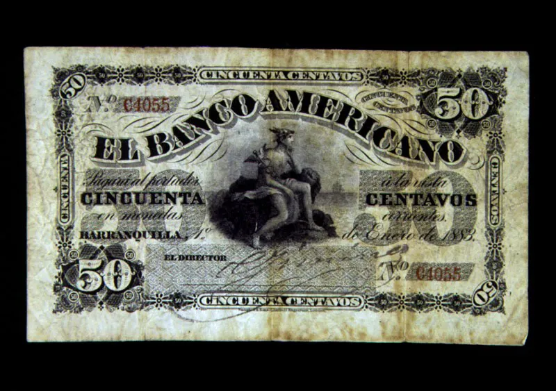Billete de bancos privados: Banco Americano. Pese a la notoria expansión de sus operaciones, los bancos privados padecieron crisis de credibilidad motivadas algunas veces por la inestabilidad política y otras por los ciclos de las exportaciones.