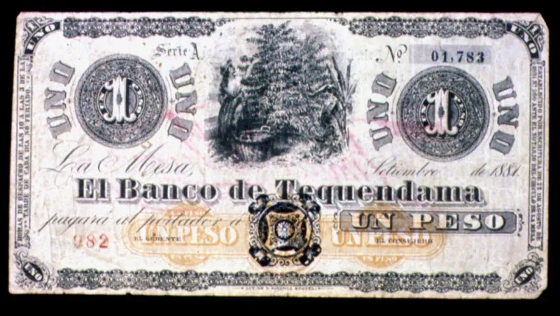 Billete de bancos privados: Banco Tequendama en La Mesa, Cundinamarca, 1881. 