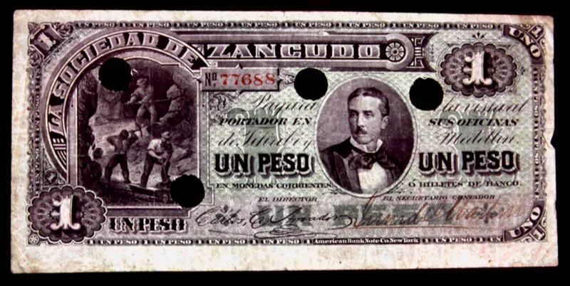 Billete de 1 peso emitido por la Sociedad Minera del Zancudo, fundada en Medelln en 1883, con el retrato y la firma de Carlos Coriolano Amador. Este empresario antioqueo, que lleg a ser el hombre ms rico del pas, incursion en casi todas las actividades econmicas de su poca: banca, minera, construccin, ganadera y agricultura.  