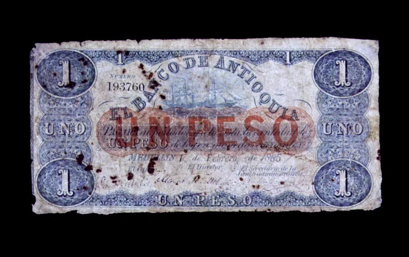 Billete de bancos privados: Banco de Antioquia. El Banco de Antioquia, fundado por ley 149 de 1872, fue el segundo banco privado del pas. 