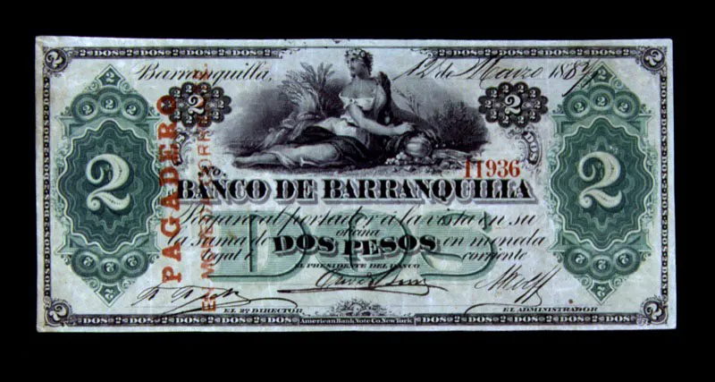 Billete del Banco de Barranquilla, fundado en 1873. El gran auge de la banca privada duró desde 1870 hasta 1886, cuando declina en razón de las políticas monetarias de la Regeneración.
