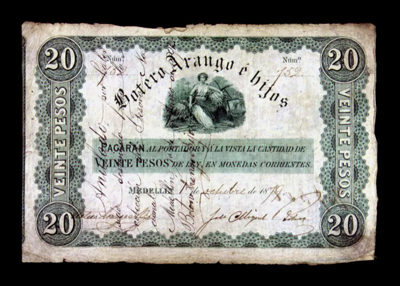 Billete del Banco del Progreso, en Medelln. El gran auge de la banca privada dur desde 1870 hasta 1886, cuando declina en razn de las polticas monetarias de la Regeneracin. 