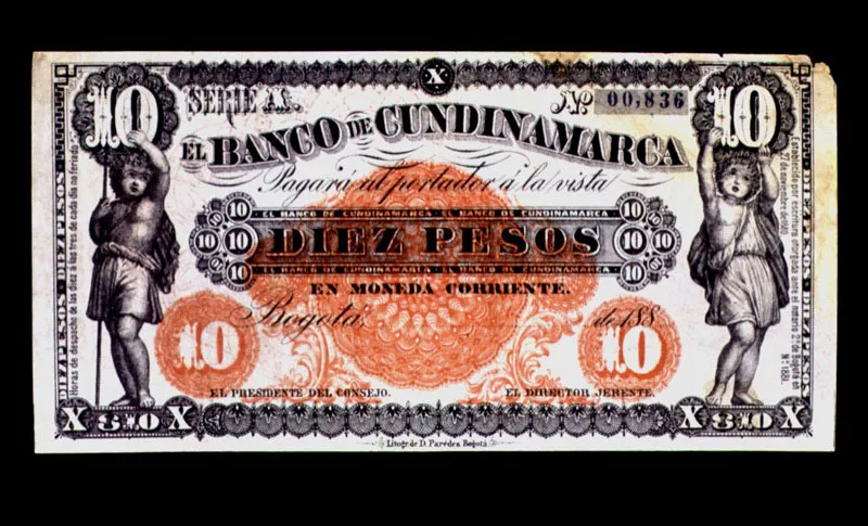 Billetes del Banco de Cundinamarca, fundado 1881. El gran auge de la banca privada duró desde 1870 hasta 1886, cuando declina en razón de las políticas monetarias de la Regeneración.