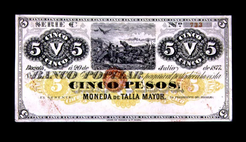Billete de bancos privados: Banco Popular de Bogotá, 5 pesos. La iconografía utilizada por los impresores de billetes es muy rica en alegorías sobre la seguridad, en ellas abundan perros, osos y águilas.