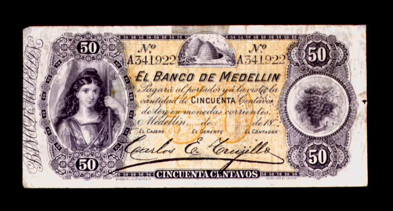 Billete de bancos privados: “Moneda de talla mayor”, 1877. La iconografía utilizada por los impresores de billetes es muy rica en alegorías sobre la seguridad, en ellas abundan perros, osos y águilas.