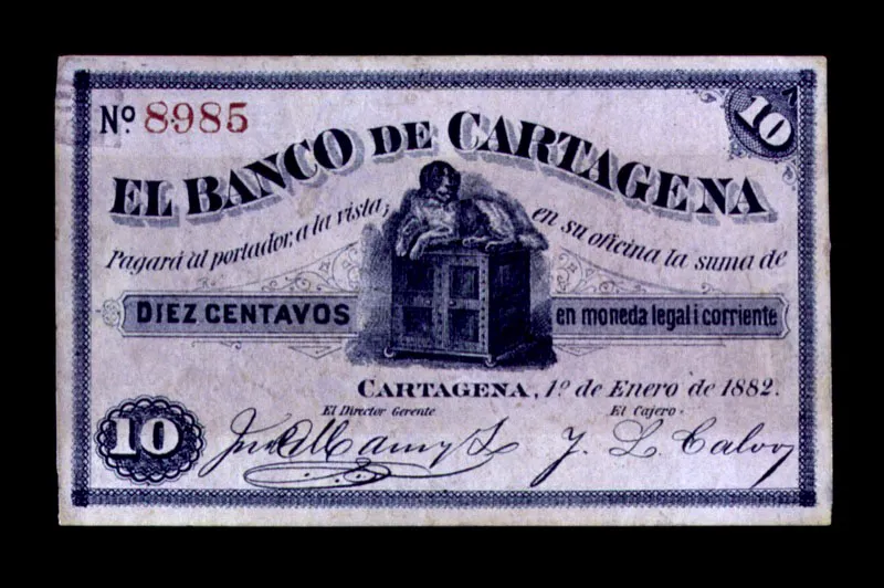 Billete de bancos privados. La iconografa utilizada por los impresores de billetes es muy rica en alegoras sobre la seguridad, en ellas abundan perros, osos y guilas. 