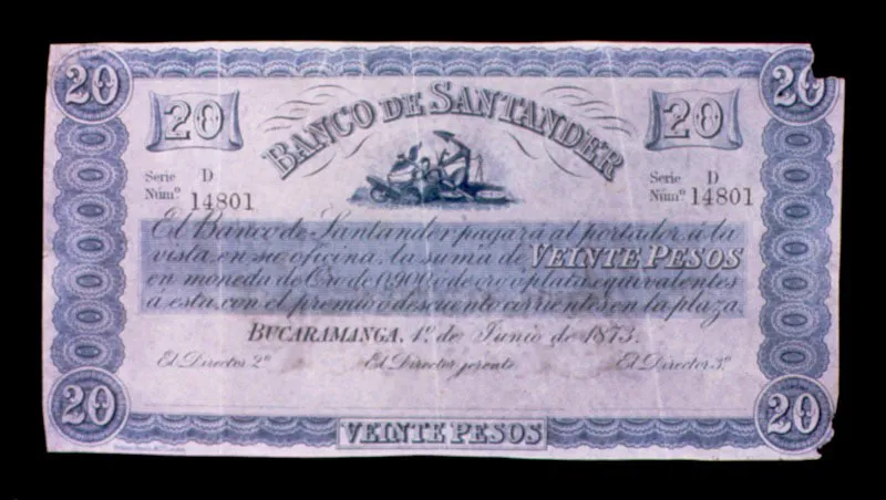 Billete de bancos privados: Banco de Santander, 1873. El Banco de Santander fue fundado en 1872, época en que también se creó la Sociedad Colombiana de Agricultores.