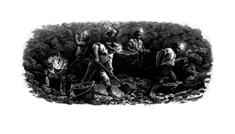 Escena de minería. Viñeta tomada de un billete de 5 pesos del Estado Soberano de Bolívar.