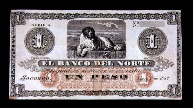 Billete de bancos privados: Banco del Norte, fundado en el Socorro, en 1881. La dcada de 1870 seala la prosperidad de la clase comerciante que se establece como principal accionista de la banca privada.  