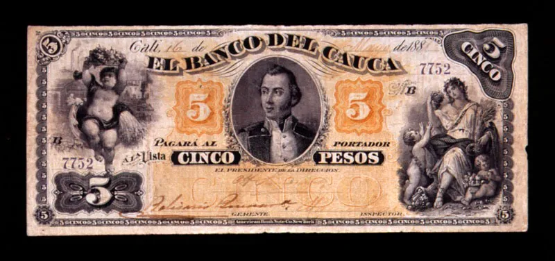 Billete de bancos privados: Banco del Cauca. La década de 1870 señala la prosperidad de la clase comerciante que se establece como principal accionista de la banca privada.