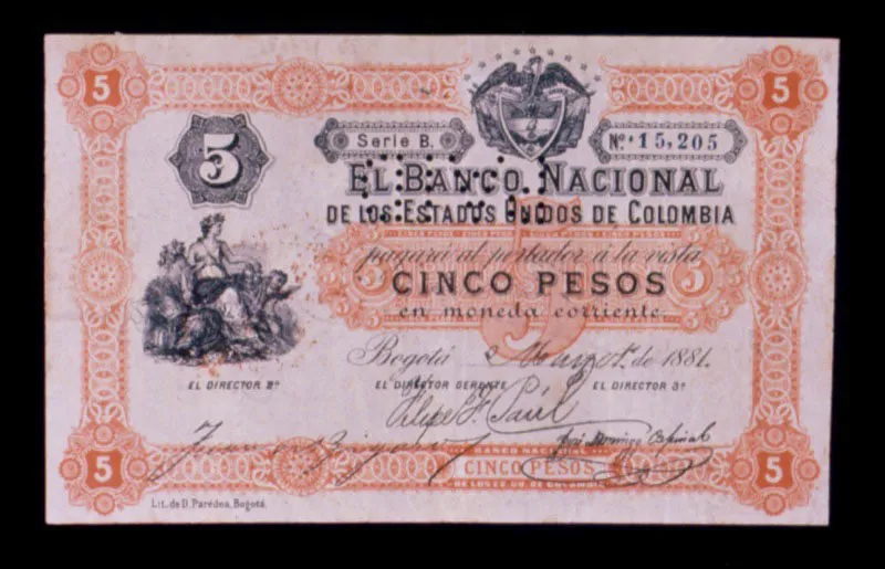 Billete de  50 pesos del Banco Nacional, firmado, entre otros, por Juan Mara Pardo, Felipe Paul y Juan de Brigard. 