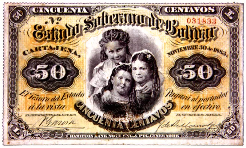 Billete emitido por bancos de los Estados Soberanos de Bolívar, 1883, con firma o retrato de Rafael Núñez.