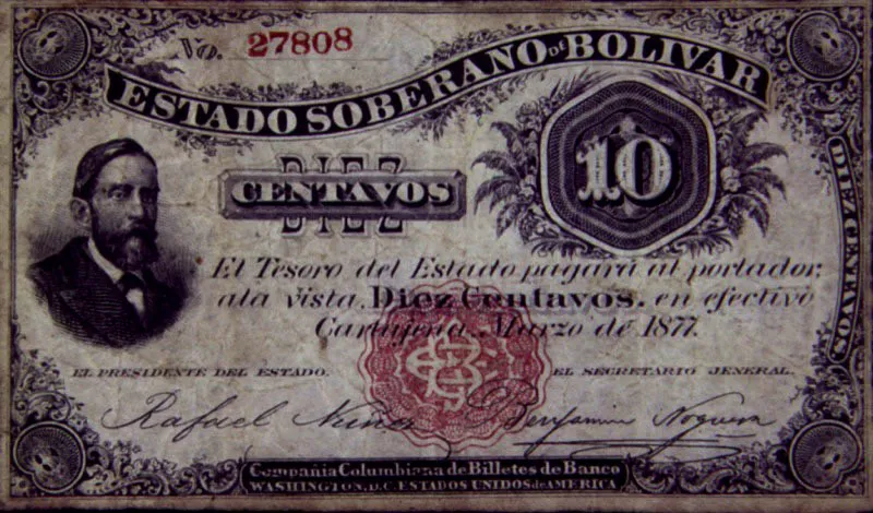 Billete emitido por bancos de los Estados Soberanos Bolívar, 1877, con firma o retrato de Rafael Núñez.