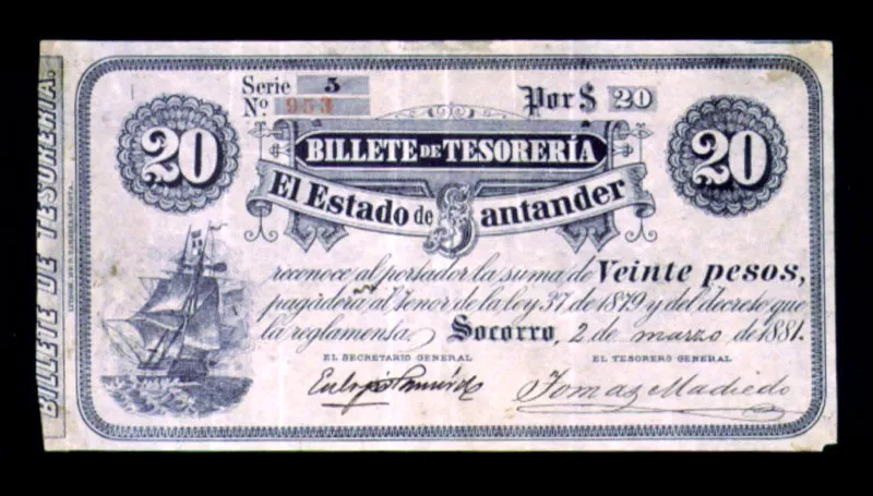 Billete emitido por los Estados Unidos de Colombia: Tesorería del Estado de Santander, 1881.