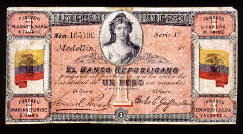 Billete emitido por los Estados Unidos de Colombia: Banco Republicano de Medellín.