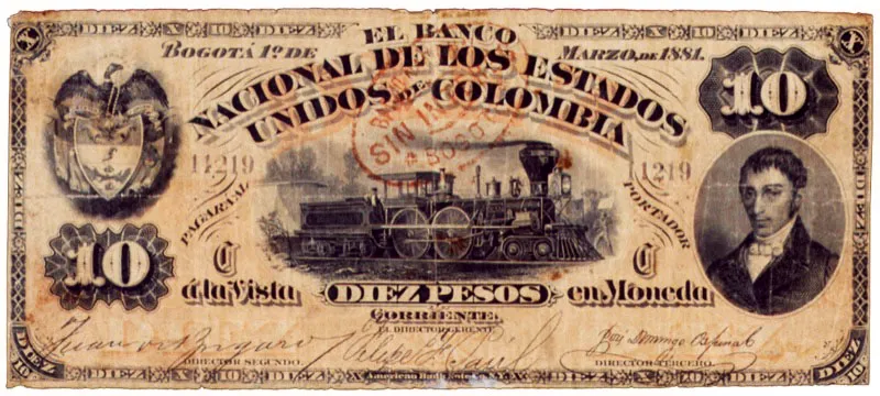 Billete emitido por los Estados Unidos de Colombia: Banco Nacional. 