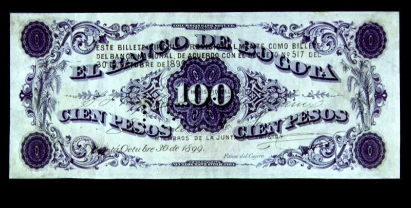 Billete resellado, originalmente impreso por el Banco de Bogotá. El cierre de numerosas instituciones bancarias privadas después de 1887, dio lugar a que billetes originalmente impresos por ellas fueran resellados y puestos en circulación como billetes del Banco Nacional.
